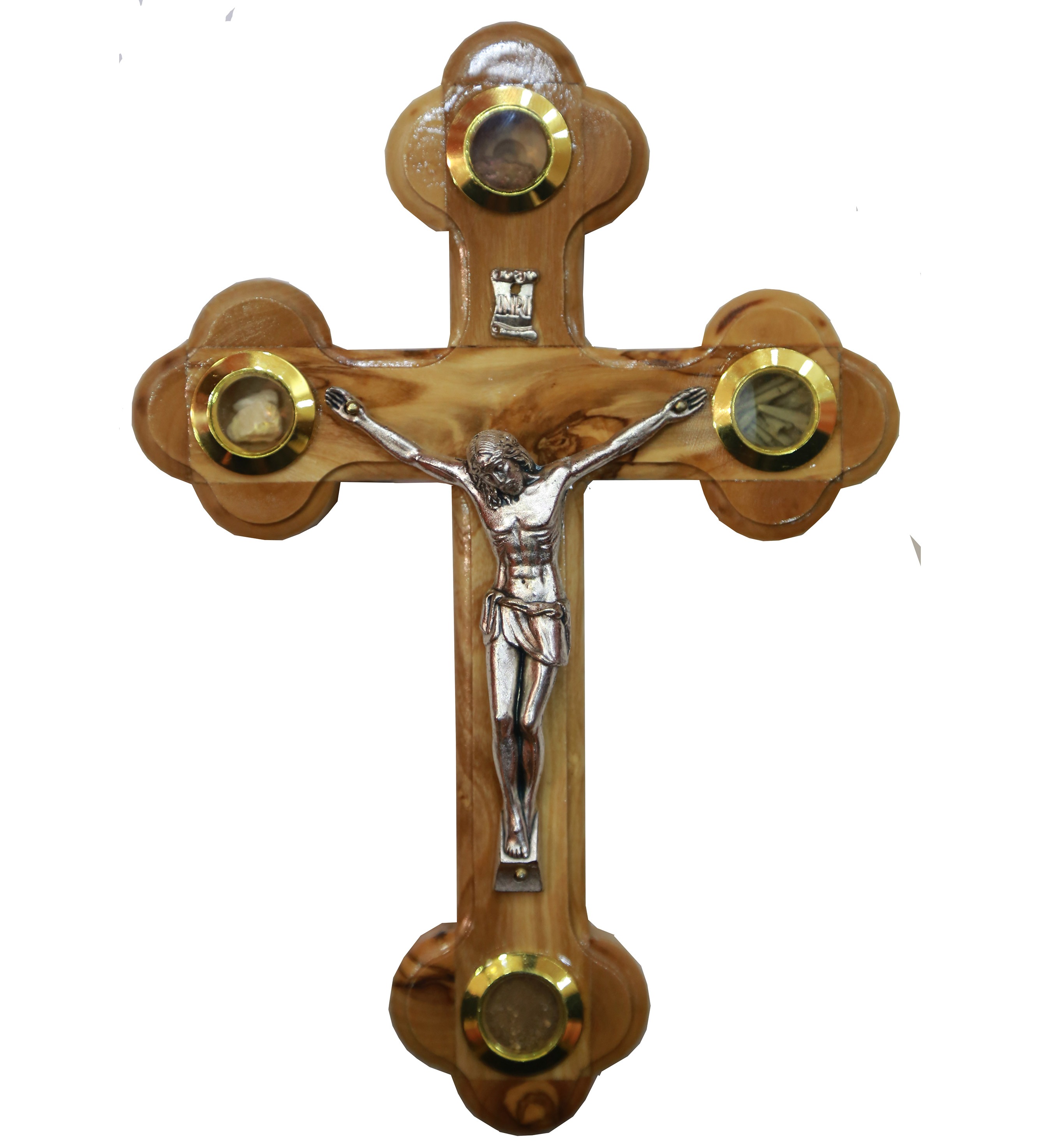 Olive Wood Cross with Crucifix and Four Holy Items - Three ...